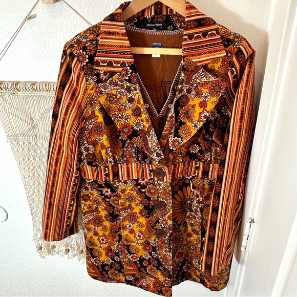 70s Boho Vintage Floral Flower Power Patchwork Trench Coat in Brown & Mustard XL - Picture 14 of 14